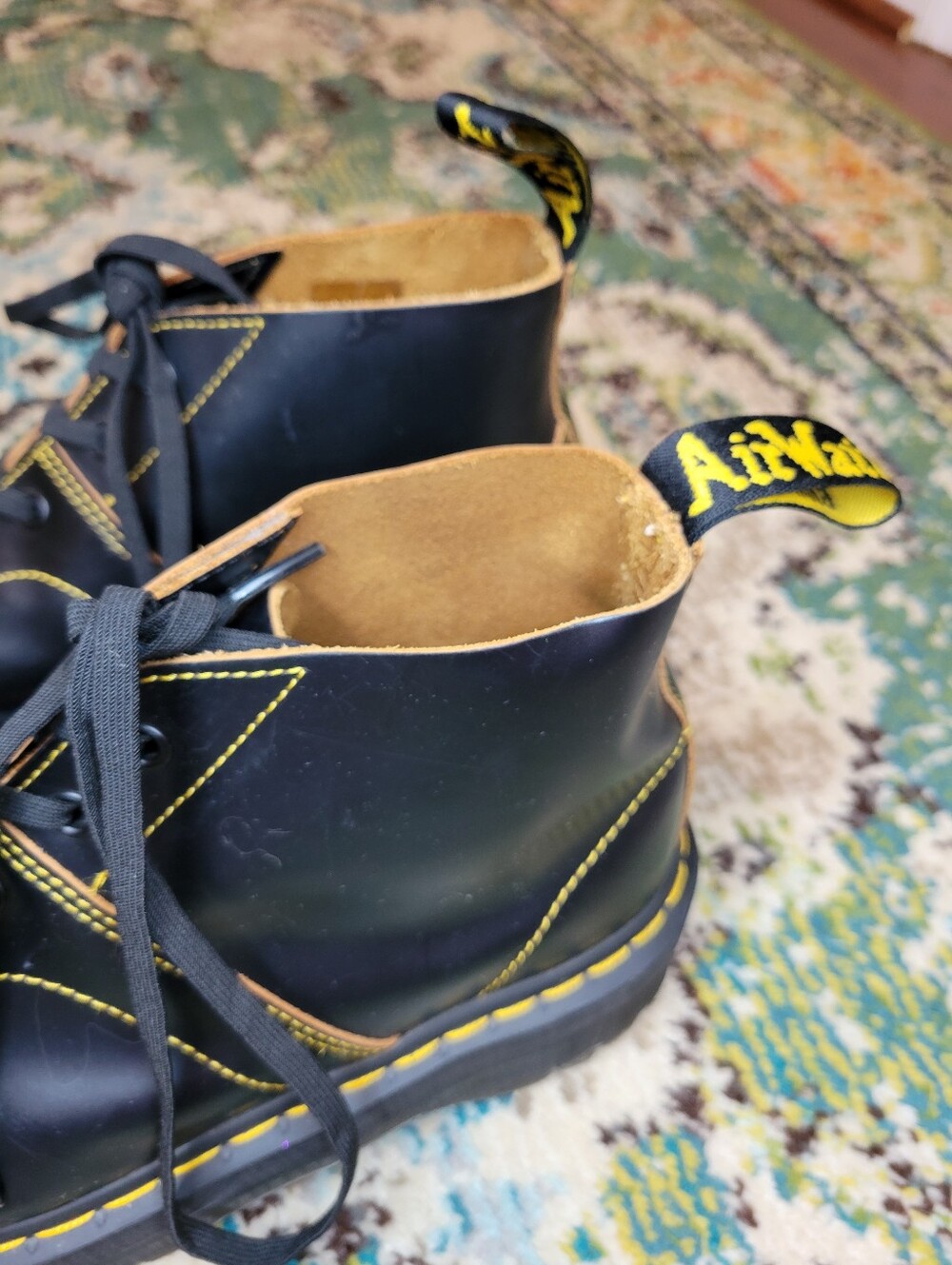 Dr. Martens Church Quad Platform Monkey Yellow Stitching Leather Boots, W9 M8 - Picture 6 of 10